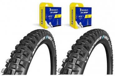 Lot Michelin EBIKE - 2 pneus E-Wild Gum-X 27.5X2.60 (Front+Rear) + 2 chambres Airstop B6 27,5+ x 2.4-3.0 Presta 40mm